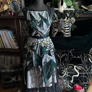 Sheer floral embroidered tulle strappy boat neck midi dress